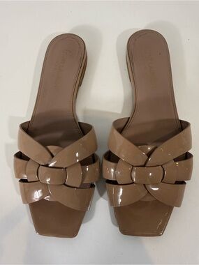 Saint Laurent Tribute Nude Patent Leather Flat Slide Sandals Size 5